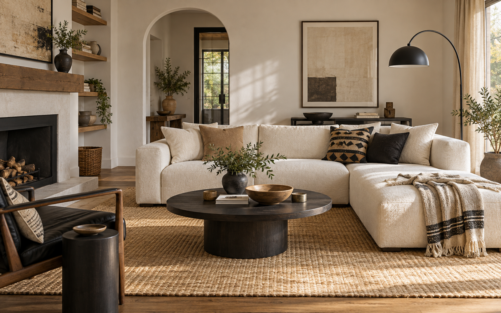 Refined modern living room with warm natural light and woven accents